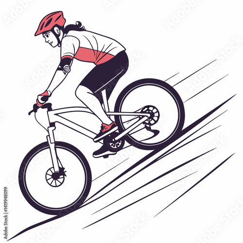 Mountain Biker Cycling Illustration Vector Graphic Woman Riding Bicycle Speeding Downhill