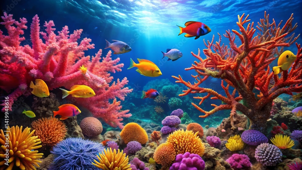 Fototapeta premium Vibrant Reef Ecosystem Showcases a Diverse Array of Colorful Fish and Coral Formations Thriving in a Sunlit Underwater World