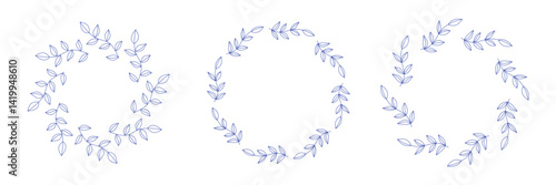 Mediterranean blue olive branches circle frame set. Hand drawn round line border, leaves and flowers, wedding invitation and cards, logo design and posters template. Elegant minimal style floral set