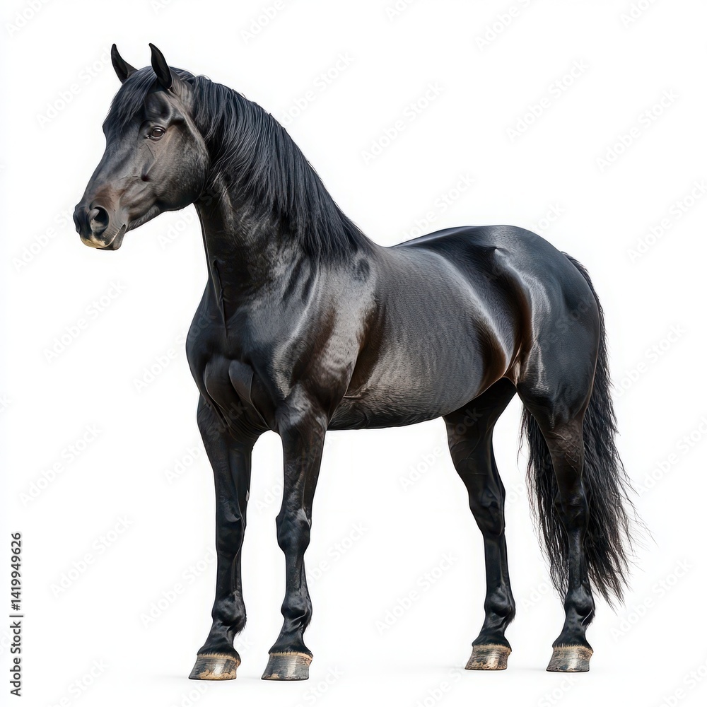 Fototapeta premium Majestic Black Horse Standing Proudly Against White Background in Studio Setting