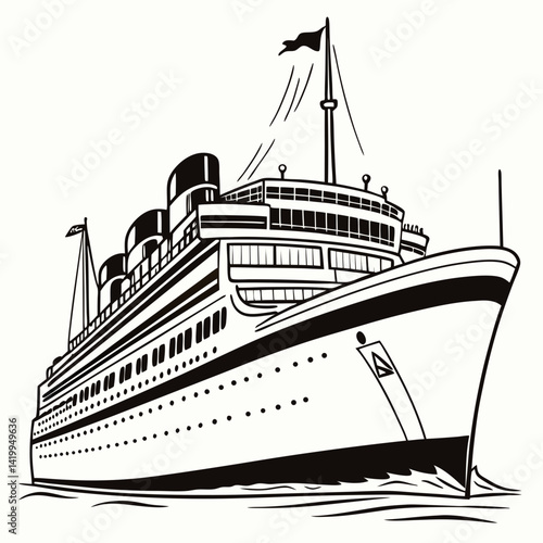 Vintage Cruise Ship Liner Sailing Across The Ocean Black And White Vector