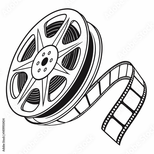 Vintage Film Reel With Filmstrip Vector Illustration Black And White Line Art