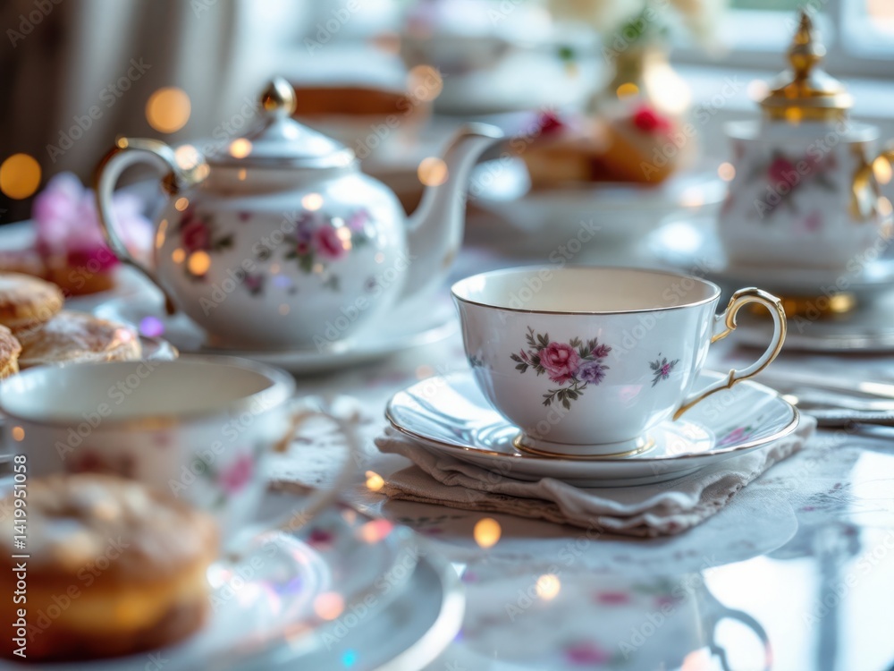 Fototapeta premium Cozy Afternoon Tea Setting with Floral China, Delicate Pastries, and Elegant Tableware for Celebrations