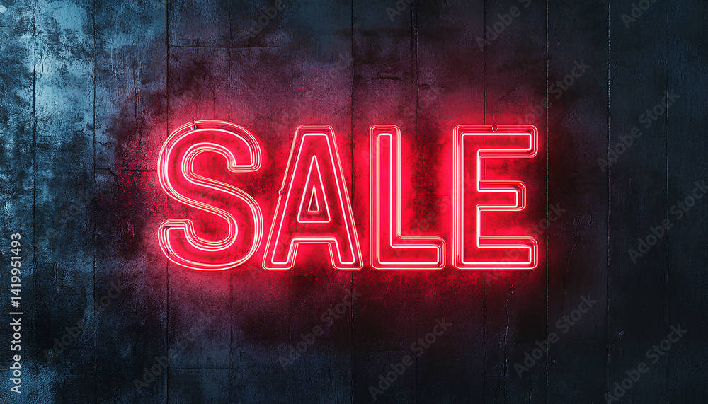 sale neon sign with glowing in red color on dark wall sale neon sign with glowing in red color on dark wall