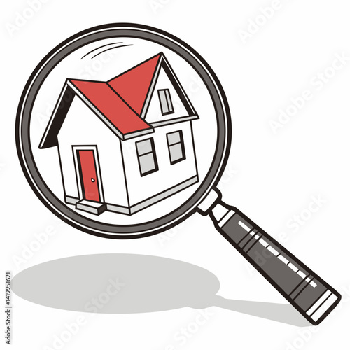 Finding The Perfect Home A Magnifying Glass Inspecting A House Illustration
