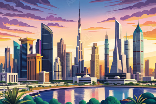 amazing sunset Dubai downtown with beautiful sky ,Dubai, United Arab Emirates