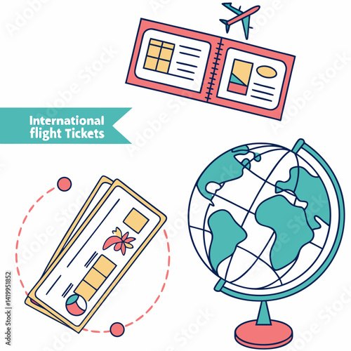 Colorful Travel Icon Set Depicting Flight Tickets And Globe Destination