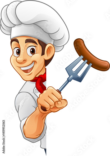 A chef cartoon barbecue cook man giving a thumbs up and holding a hotdog or grilled sausage a BBQ or cooking fork and peeking around sign or menu, mascot character illustration