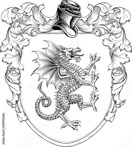 A dragon coat of arms or crest family heraldry medieval heraldic animal knight shield. With helmet and acanthus filigree scroll ornament in a vintage woodcut style.