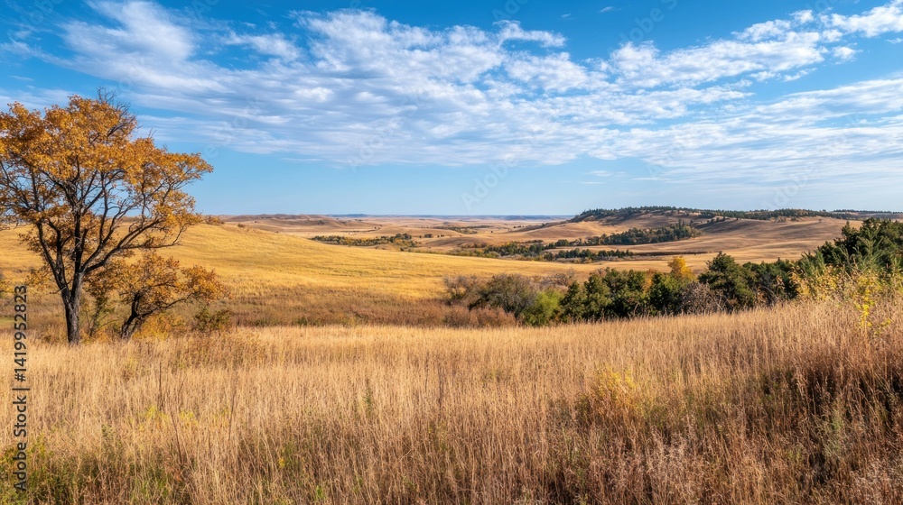 Expansive landscape with rolling hills and a vibrant autumn tree Expansive landscape with rolling hills and a vibrant autumn tree