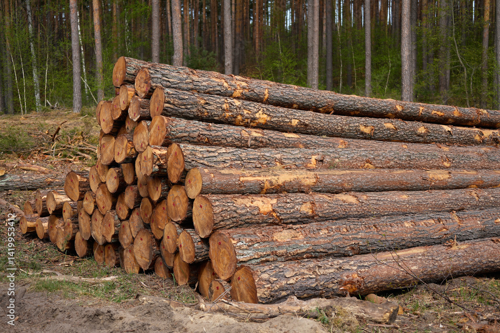 Folded pine tree trunks in forestry Folded pine tree trunks in forestry
