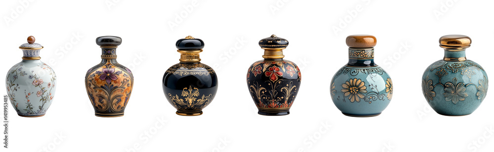 Ornate decorative miniature perfume bottles. Ornate decorative miniature perfume bottles.