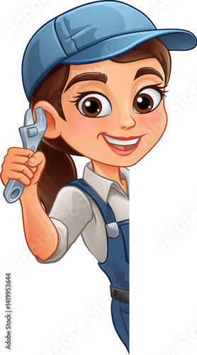 A woman female mechanic, plumber technician or engineer cartoon character mascot holding a wrench or spanner.