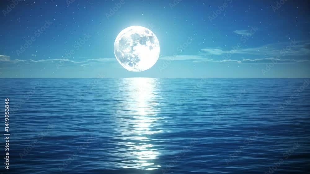 Full Moon Rising Over Calm Ocean Waves at Night: A Serene and Tranquil Seascape Full Moon Rising Over Calm Ocean Waves at Night: A Serene and Tranquil Seascape