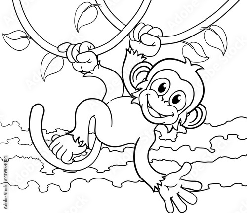 A monkey cartoon character singing on jungle vines and waving