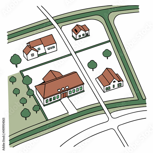 Hand Drawn Illustration Of A Town With Houses Trees And Roads