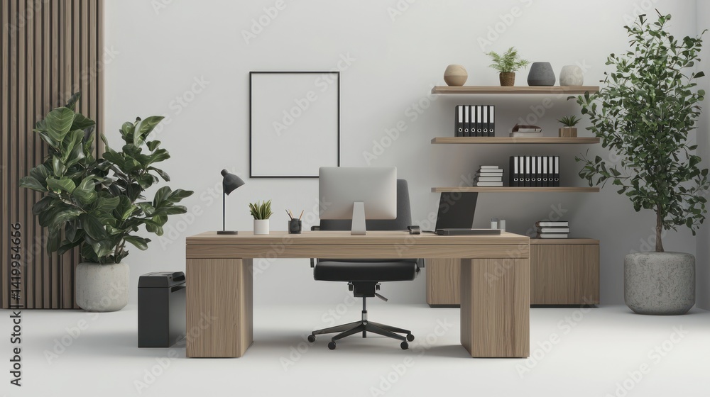 Fototapeta premium Modern Minimalist Office Space Design with Stylish Furniture and Plants