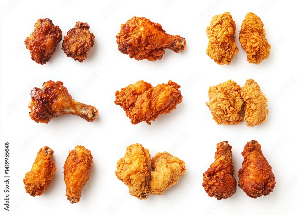 Crispy Fried Chicken Pieces Array on White Background Perfect for Culinary Projects and Food Photography Crispy Fried Chicken Pieces Array on White Background Perfect for Culinary Projects and Food Photography