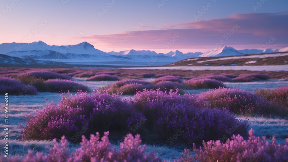 Obraz premium Lavender Field with Snow-Capped Mountains at Twilight Peaceful Landscape View