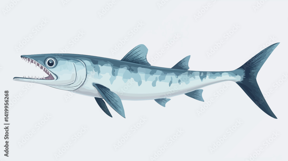 Fototapeta premium A detailed digital illustration of a barracuda is presented against a pure white background, showing the barracuda's profile and sharp teeth.