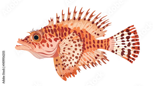 A meticulous digital illustration of a red scorpion fish shows intricate detail against a pure white background.