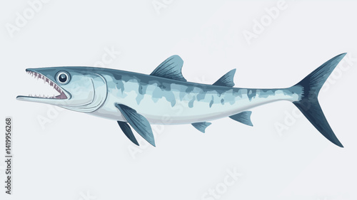 A detailed digital illustration of a barracuda is presented against a pure white background, showing the barracuda's profile and sharp teeth.