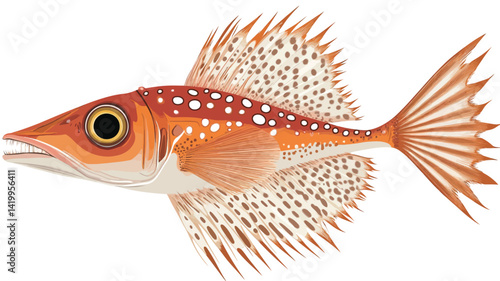 A digital illustration of a detailed fish, with the main color being orange, and small white dots evenly spaced across the body and fins.