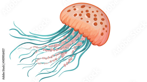 stylized illustration of a jellyfish rendered with a watercolor effect, with the bell-shaped portion in a soft peach color and dotted with dark brown spots.