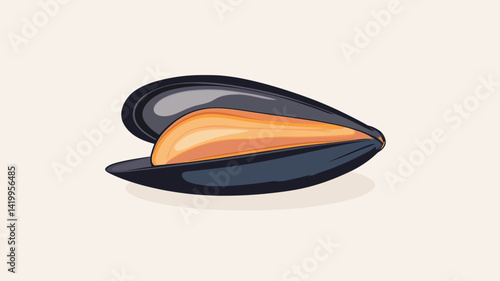 A vector illustration shows a mussel shell with a bright orange interior against a plain white background.
