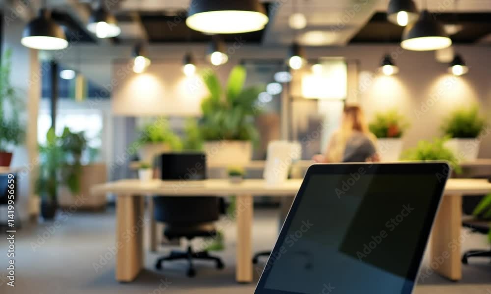 Modern Office Workspace: Laptop on Desk in a Bright and Green Co-working Space Modern Office Workspace: Laptop on Desk in a Bright and Green Co-working Space