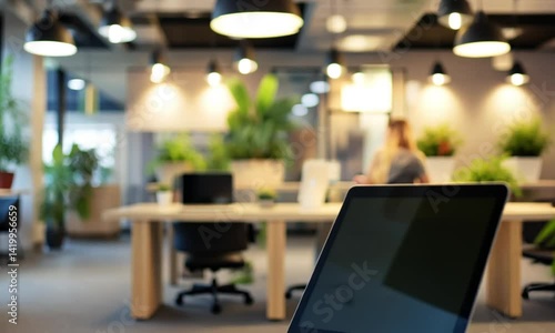 Wallpaper Mural Modern Office Workspace: Laptop on Desk in a Bright and Green Co-working Space Torontodigital.ca