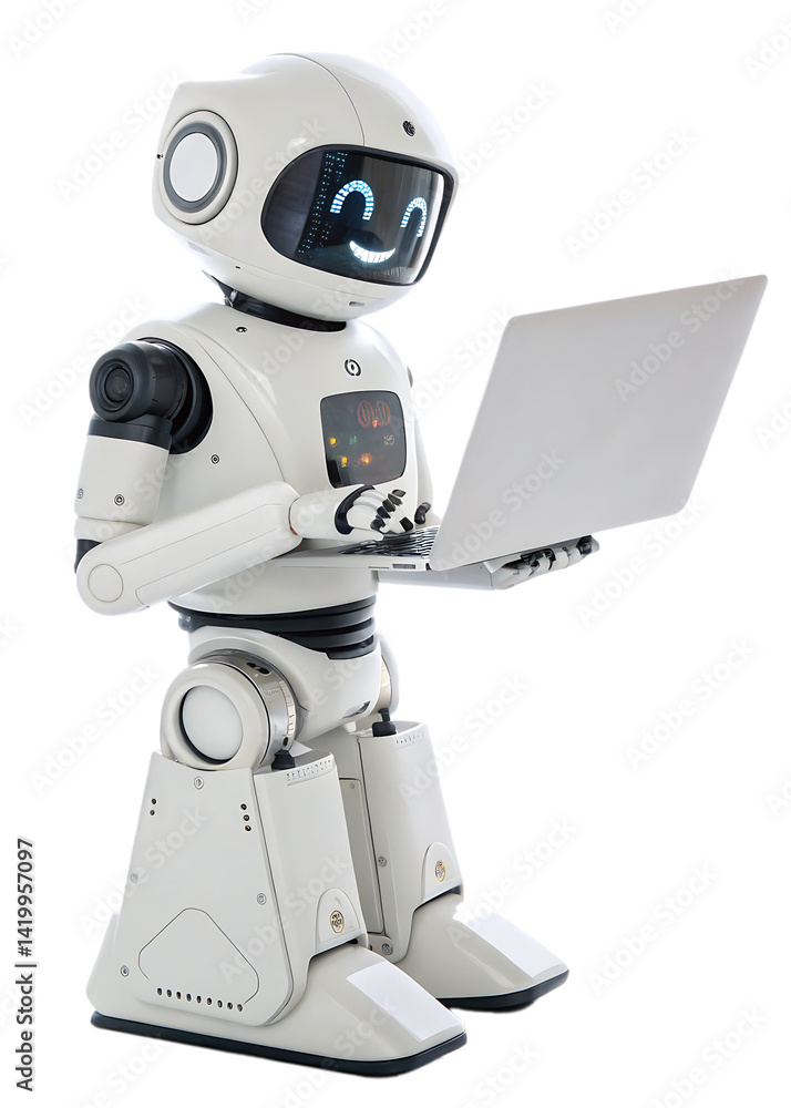 Futuristic white robot working on laptop isolated on white background Futuristic white robot working on laptop isolated on white background