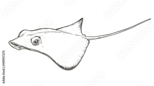 A monochrome line drawing of a stingray in profile. The image shows precise line work and detailed depiction of the stingray's body, fins, and tail.