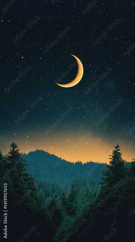 Majestic crescent moon and stars illuminate a dark forest landscape at dusk, serene natural scenery Majestic crescent moon and stars illuminate a dark forest landscape at dusk, serene natural scenery