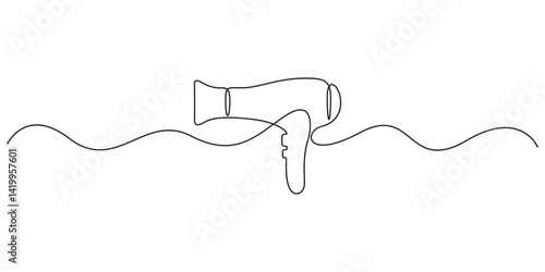 One continuous line drawing of hair drier. Single line art outline drier. Hand drawn vector illustration