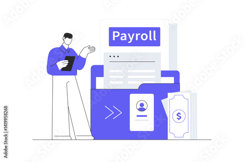 Business accounting, organization and audit concept. Payroll, money lending, online banking, savings deposit. Flat Cartoon Vector Illustration, icon. Stylish abstract design landing page