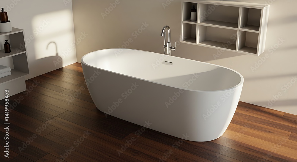 Fototapeta premium Modern Freestanding Bathtub Interior with Wooden Floor