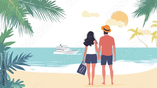 This vector illustration depicts a couple standing on a beach, facing the calm ocean, in a minimalist style.