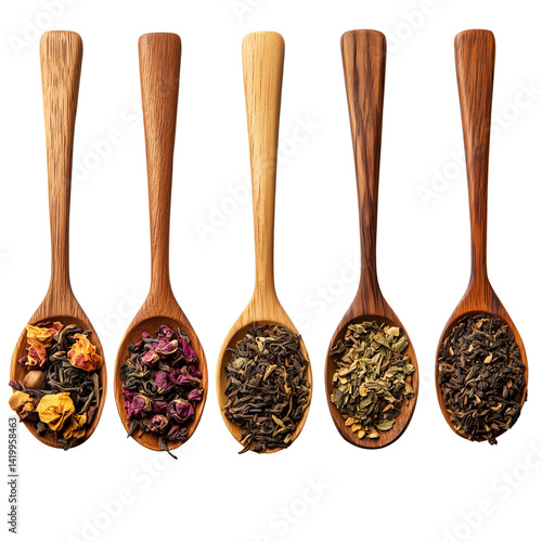 Assortment of loose tea leaves in a natural wooden spoon isolated on transparent background (4)