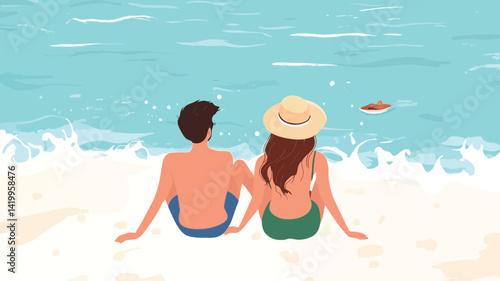 A digital illustration depicts a stylized couple sitting on a beach, their backs to the viewer and facing the gentle waves, in a flat, cartoonish style.