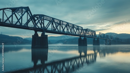 A long metal bridge spanning a calm body of water at dusk