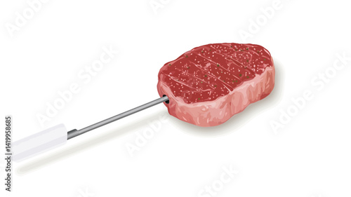 High angle closeup studio photo of a raw steak on a thin white handled metal spit against a pure white background. The steak is marbled.