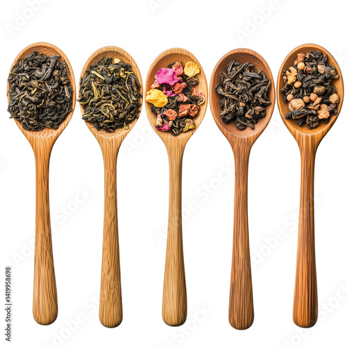 Assortment of loose tea leaves in a natural wooden spoon isolated on transparent background