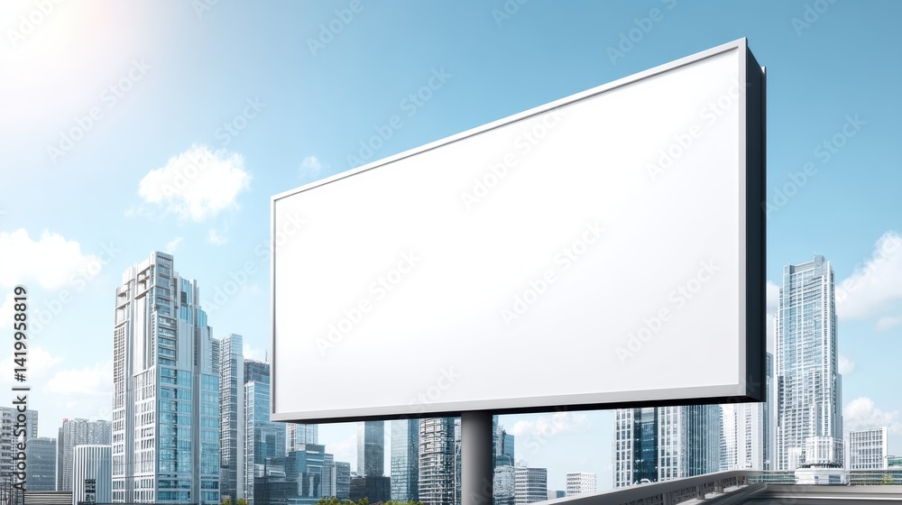 A large blank billboard stands against a backdrop of modern skyscrapers under a clear blue sky. A large blank billboard stands against a backdrop of modern skyscrapers under a clear blue sky.