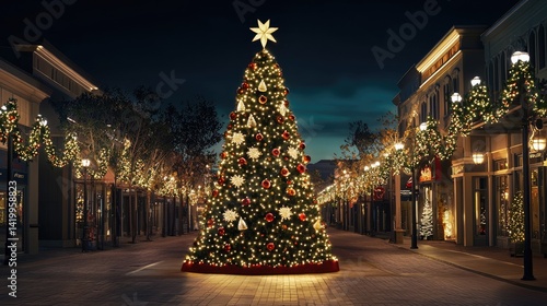 Festive Christmas tree illuminates a charming holiday street.