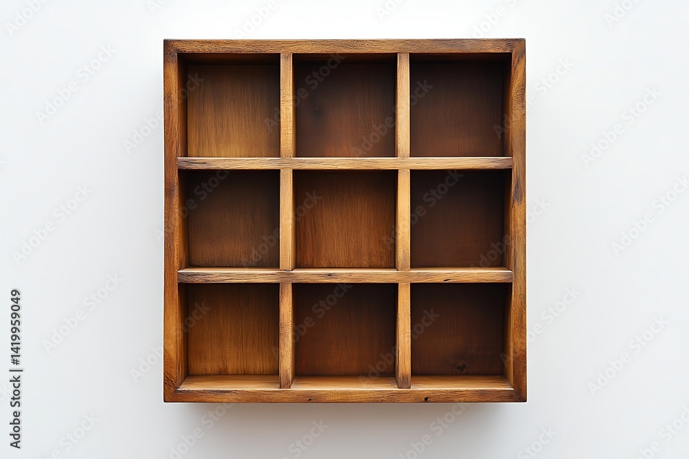 Wooden square wall shelf with nine compartments, each compartment has one empty wooden grid Wooden square wall shelf with nine compartments, each compartment has one empty wooden grid