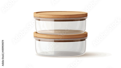 Two cylindrical glass containers with light brown wooden lids placed against a plain white background. The containers are transparent and empty.
