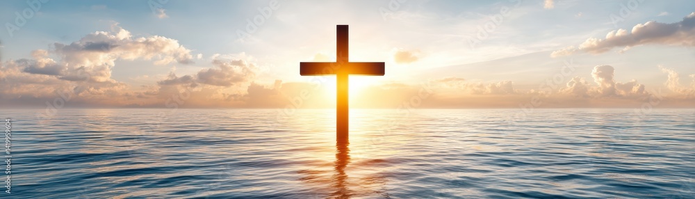 A serene sunset over calm waters, featuring a prominent cross silhouette, symbolizing hope and faith. A serene sunset over calm waters, featuring a prominent cross silhouette, symbolizing hope and faith.