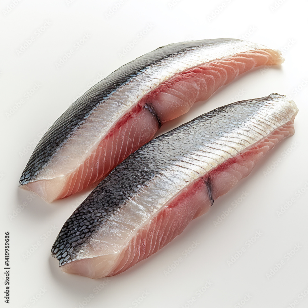 Two Fresh Raw Pacific Herring Fish Fillets on White Background Two Fresh Raw Pacific Herring Fish Fillets on White Background
