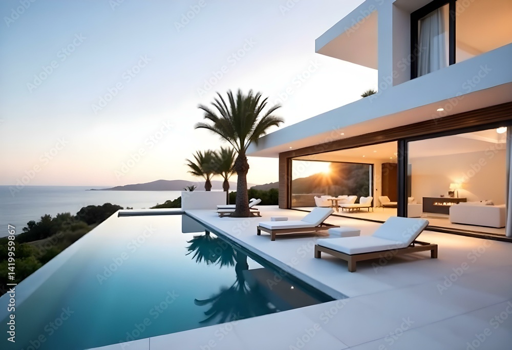 Modern white villa with infinity pool overlooking the ocean at sunset , palm trees , lounge chairs , minimalist design, luxurious, contemporary architecture, clear sky , tranquil atmosphere Modern white villa with infinity pool overlooking the ocean at sunset , palm trees , lounge chairs , minimalist design, luxurious, contemporary architecture, clear sky , tranquil atmosphere